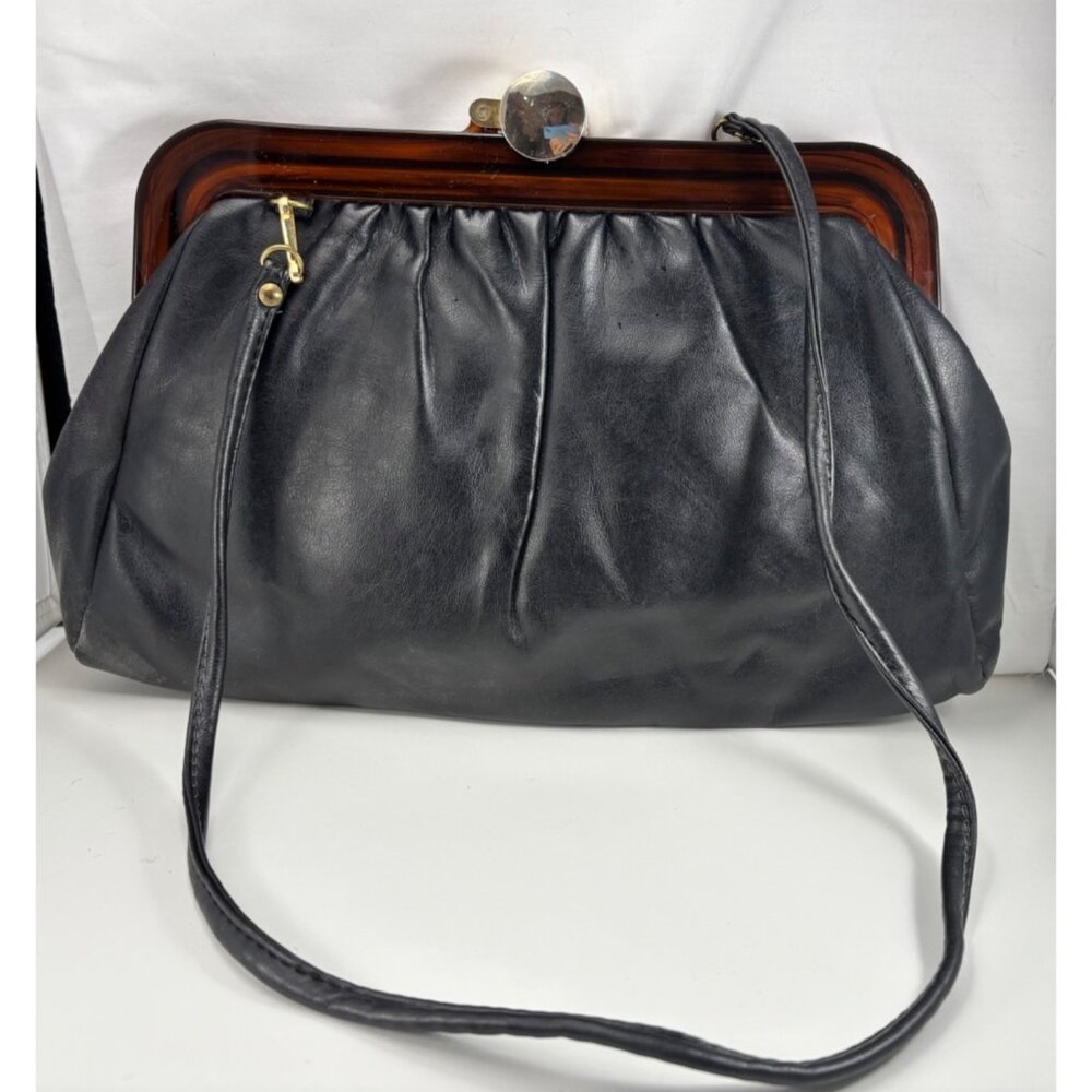 Vintage Black Leather Handbag With Tortoiseshell Frame & Gold Clasp Closure - Picture 1 of 7